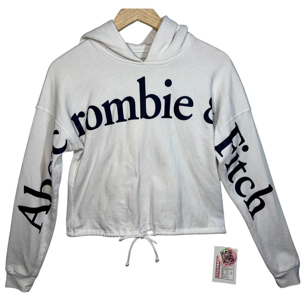 Abercrombie & Fitch White Black Cropped Long Sleeve Hoodie Sweatshirt Womens XS